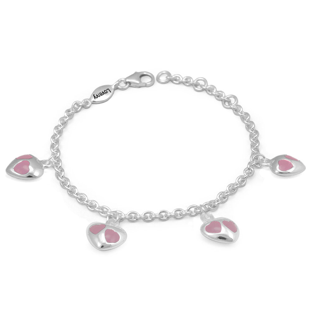 Girl's Sterling Silver Purple/Red/Pink Enamel Heart Charms Adjustable Bracelet 1