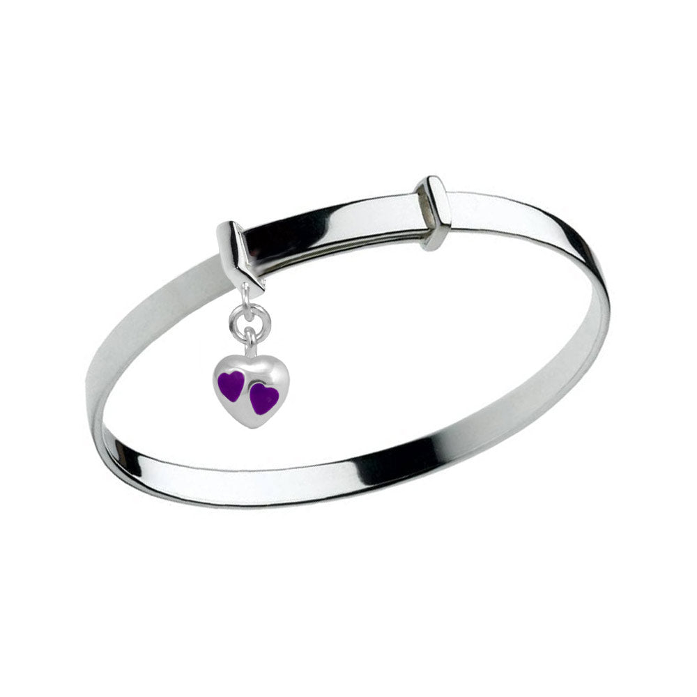 Kid's Jewelry - Sterling Silver Red/Purple/Pink Heart Charm Adjustable Bangle