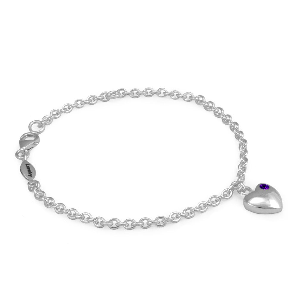 Girls Sterling Silver Simulated Birthstone Heart Charm Bracelet (5 1/2 or 6 1/2 In)