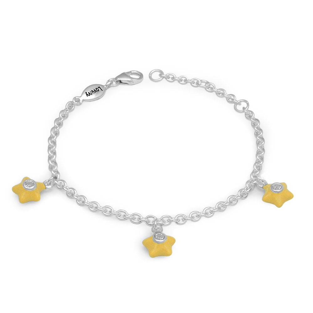 Sterling Silver Girls Birthstone Enamel Star Charm Bracelet (5 1/2-6 1/2 In)