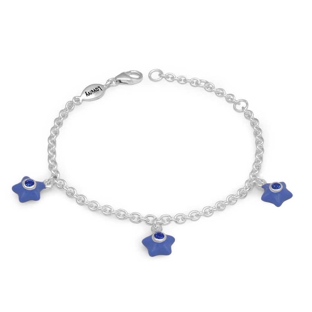 Sterling Silver Girls Birthstone Enamel Star Charm Bracelet (5 1/2-6 1/2 In)