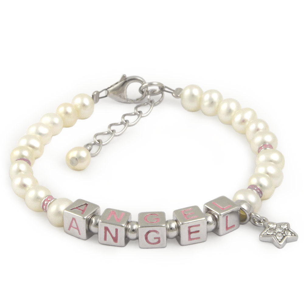 Girls Jewelry - Silver Cultured Pearl Angel Beads Star Charm Bracelet for Kids