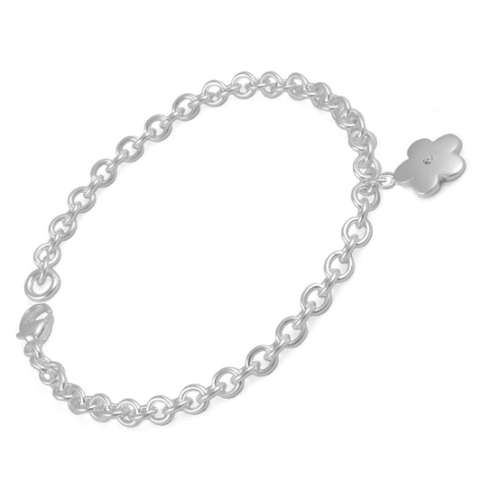 Children And Teenage Girls Silver Diamond Flower Charm Bracelet (7 1/4 In) 1