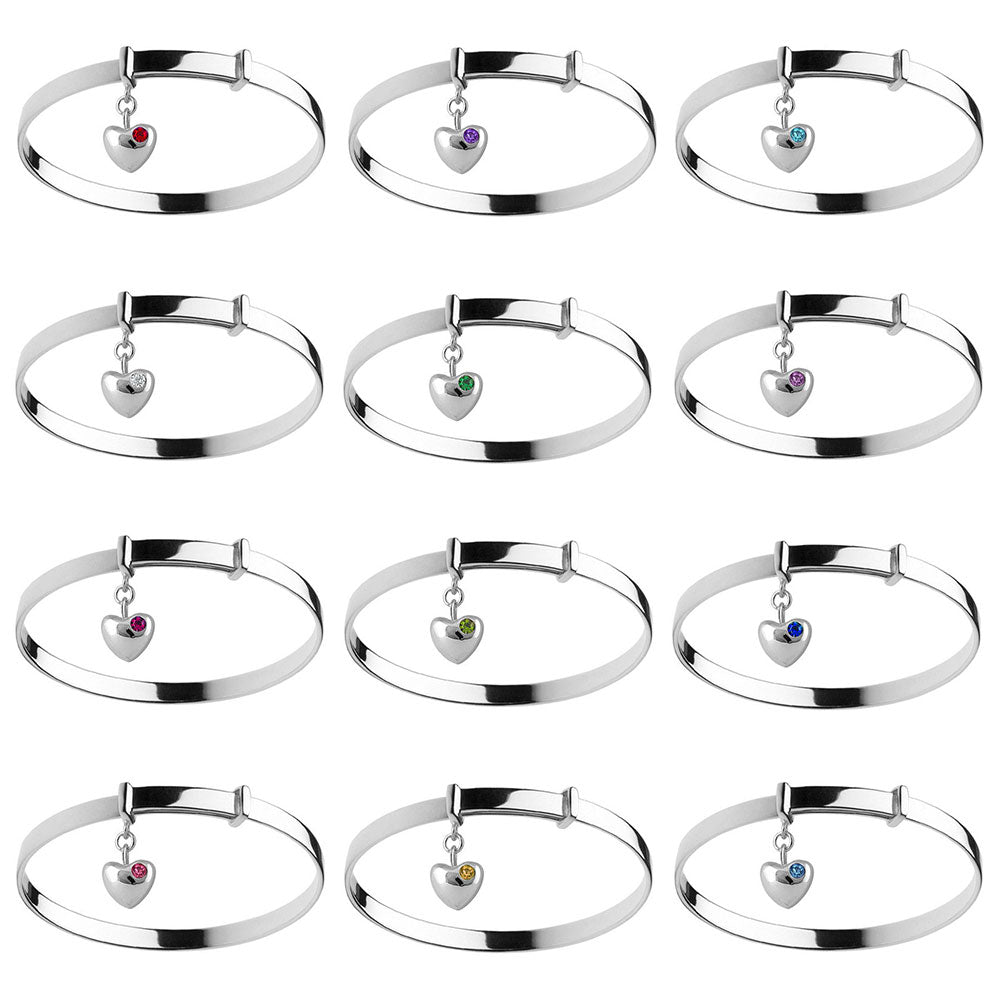 Little Girl Sterling Silver Simulated Birthstone Heart Charm Adjustable Bangle Bracelet 2