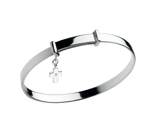 Boy & Girl Sterling Silver Diamond Cross Charm Bangle Bracelet (4 1/4-6 in) 1