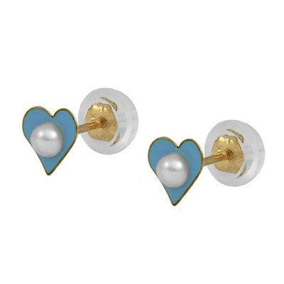 Girl 14K Yellow Gold Blue/Pink Heart Pearl Silicone Back Earrings