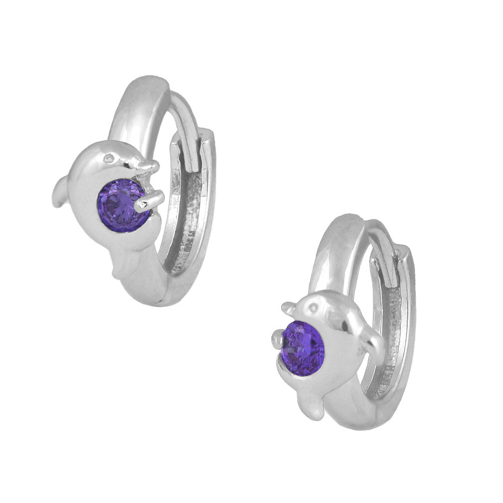 Kids Jewelry - Sterling Silver Birthstone Dolphin Huggie Hoop Earrings 1