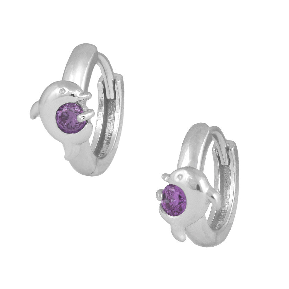 Kids Jewelry - Sterling Silver Birthstone Dolphin Huggie Hoop Earrings