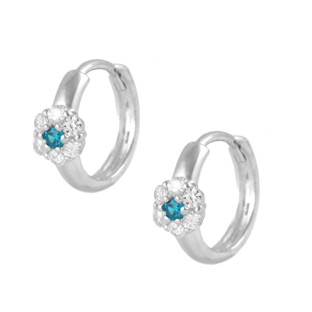 Girl's Sterling Silver Flower CZ Birthstone Huggie Hoop Earrings
