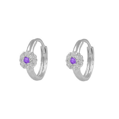 Girl's 14K White Gold Flower CZ Birthstone Huggie Hoop Earrings