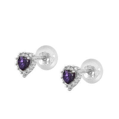 Little Girls 14K White Gold Birthstone Silicone Back Heart Shaped Earrings