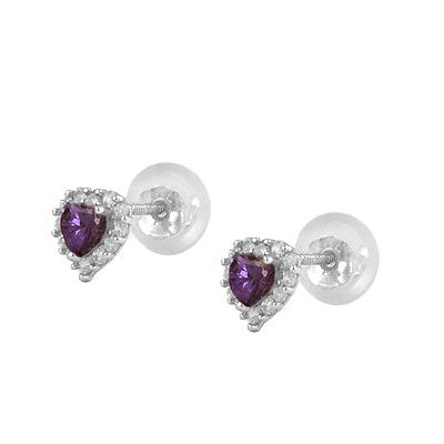 Little Girls 14K White Gold Birthstone Silicone Back Heart Shaped Earrings