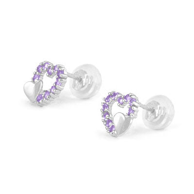 14K White Gold Birthstone Double Hearts Girls Stud Earrings