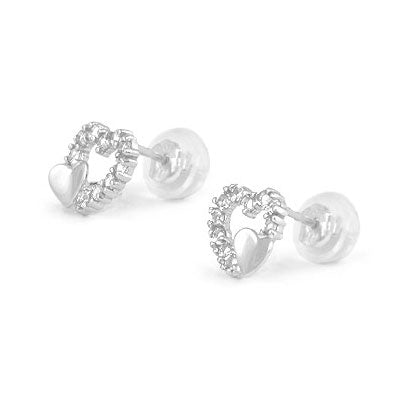 14K White Gold Birthstone Double Hearts Girls Stud Earrings