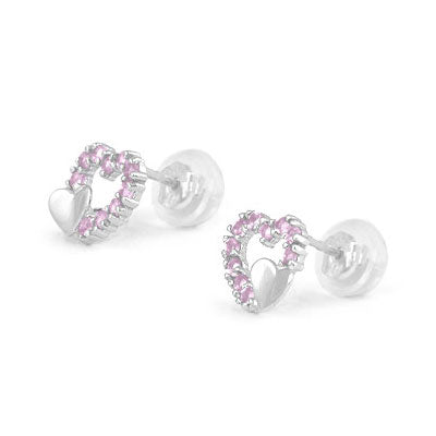 14K White Gold Birthstone Double Hearts Girls Stud Earrings