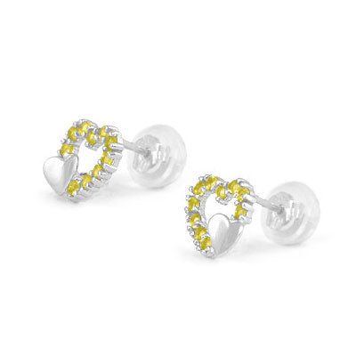 14K White Gold Birthstone Double Hearts Girls Stud Earrings