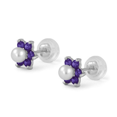 14K White Gold Simulated Birthstone And Pearl Flower Stud Earrings For Girls