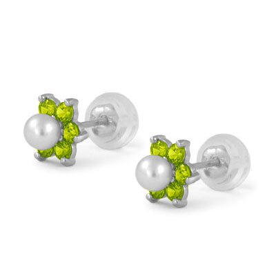 14K White Gold Simulated Birthstone And Pearl Flower Stud Earrings For Girls