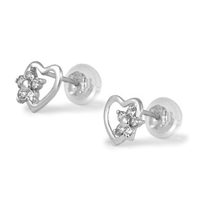 14K White Gold Heart Simulated Birthstone Flower Stud Earrings For Girls Of All Ages