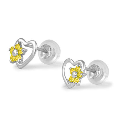 14K White Gold Heart Simulated Birthstone Flower Stud Earrings For Girls Of All Ages