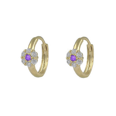 Girl's 14K Yellow Gold Flower CZ Birthstone Huggie Hoop Earrings