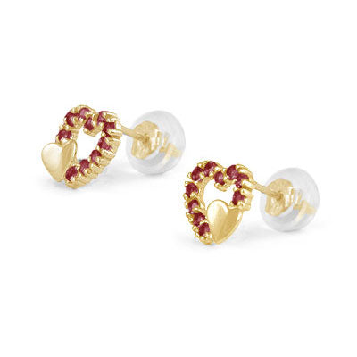 14K Yellow Gold Birthstone Double Hearts Girls Stud Earrings