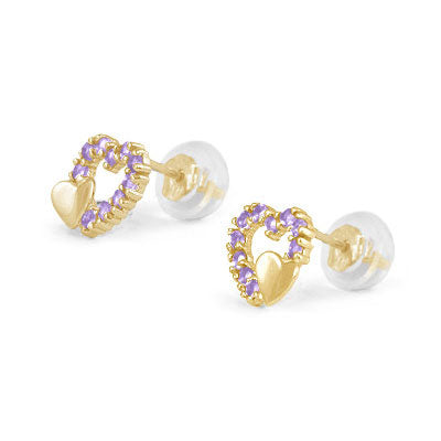 14K Yellow Gold Birthstone Double Hearts Girls Stud Earrings