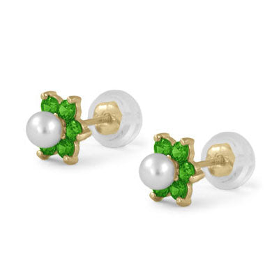 14K Yellow Gold Simulated Birthstone And Pearl Flower Stud Earrings For Girls