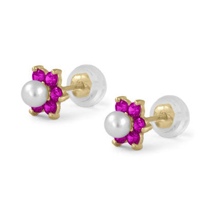 14K Yellow Gold Simulated Birthstone And Pearl Flower Stud Earrings For Girls