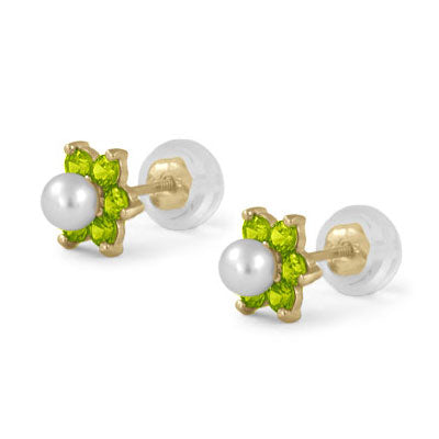 14K Yellow Gold Simulated Birthstone And Pearl Flower Stud Earrings For Girls