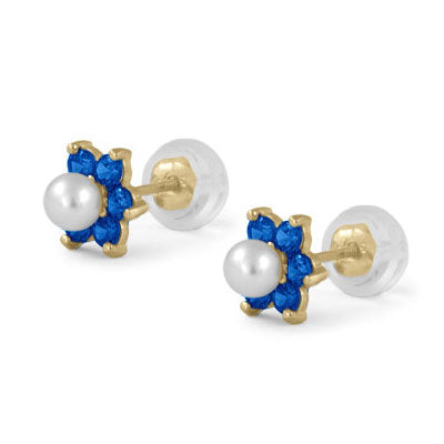 14K Yellow Gold Simulated Birthstone And Pearl Flower Stud Earrings For Girls