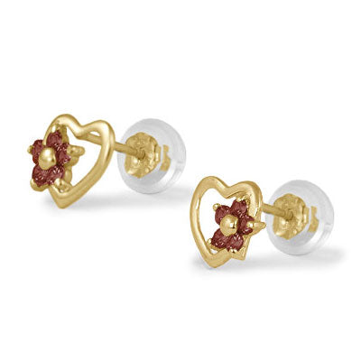 14K Yellow Gold Heart Simulated Birthstone Flower Stud Earrings For Girls Of All Ages