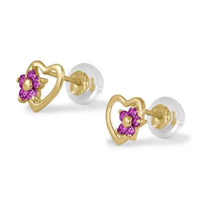 14K Yellow Gold Heart Simulated Birthstone Flower Stud Earrings For Girls Of All Ages