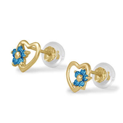 14K Yellow Gold Heart Simulated Birthstone Flower Stud Earrings For Girls Of All Ages