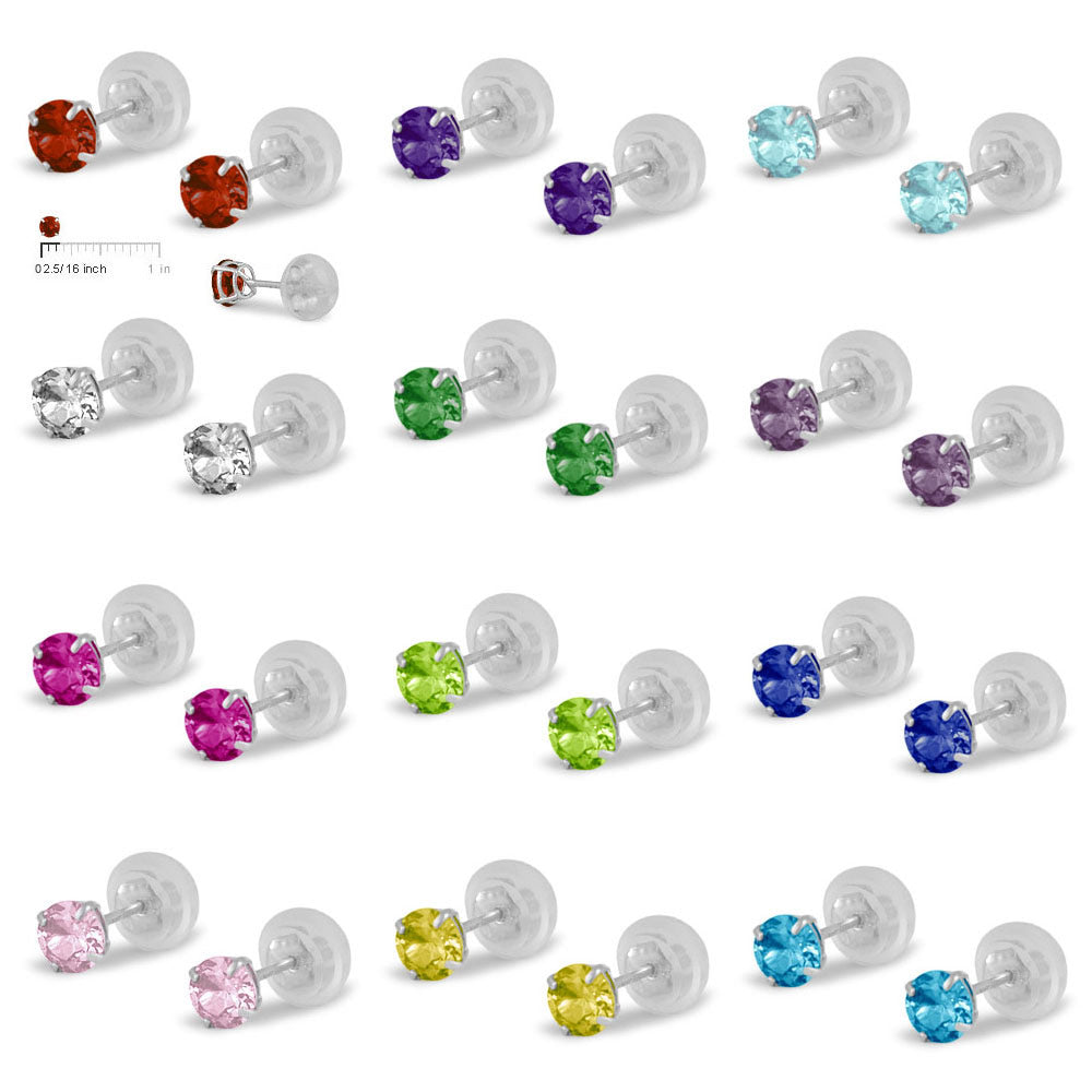 14K White Gold 4mm Birthstone Silicone Back Girl Stud Earrings 2