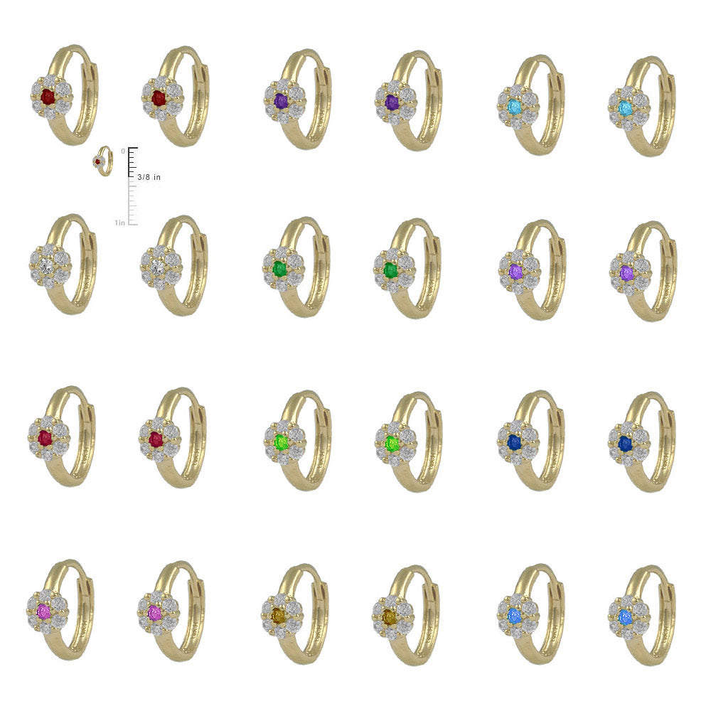 Girl's 14K Yellow Gold Flower CZ Birthstone Huggie Hoop Earrings 2