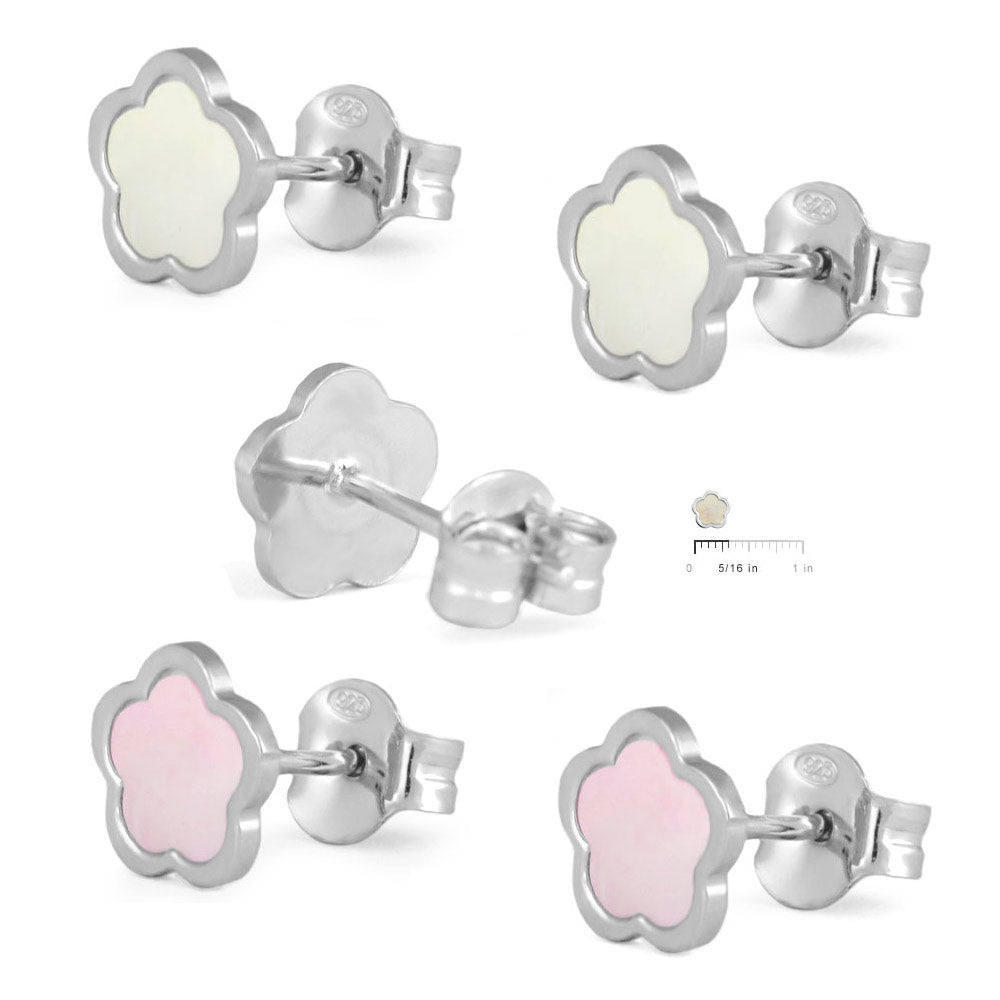 Sterling Silver White/Pink Mother of Pearl Flower Earrings For Girls 2