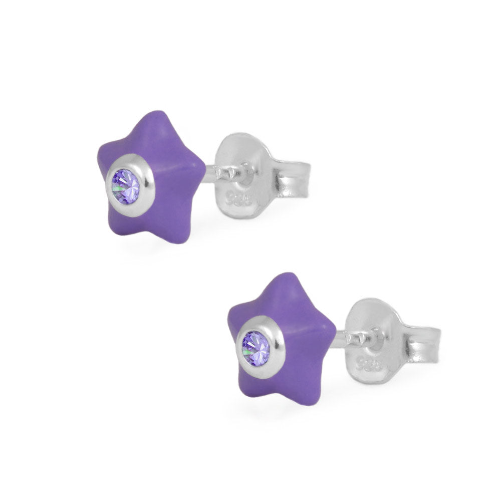 Sterling Silver Girls Simulated Birthstone Enameled Star Stud Earrings