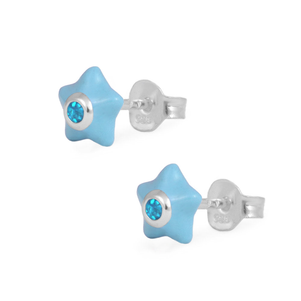 Sterling Silver Girls Simulated Birthstone Enameled Star Stud Earrings