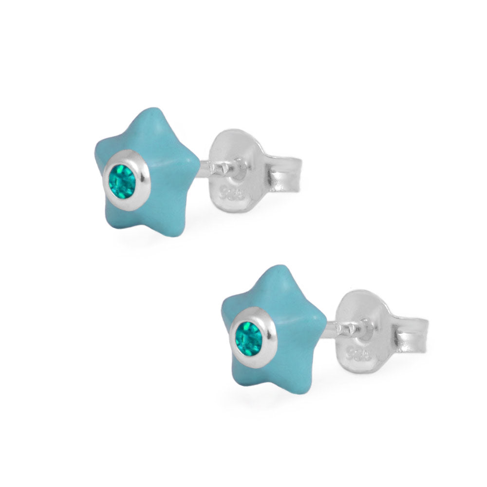 Sterling Silver Girls Simulated Birthstone Enameled Star Stud Earrings