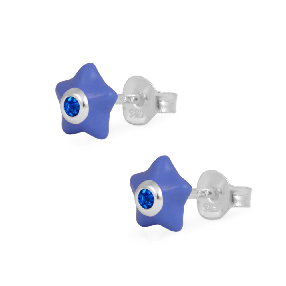 Sterling Silver Girls Simulated Birthstone Enameled Star Stud Earrings