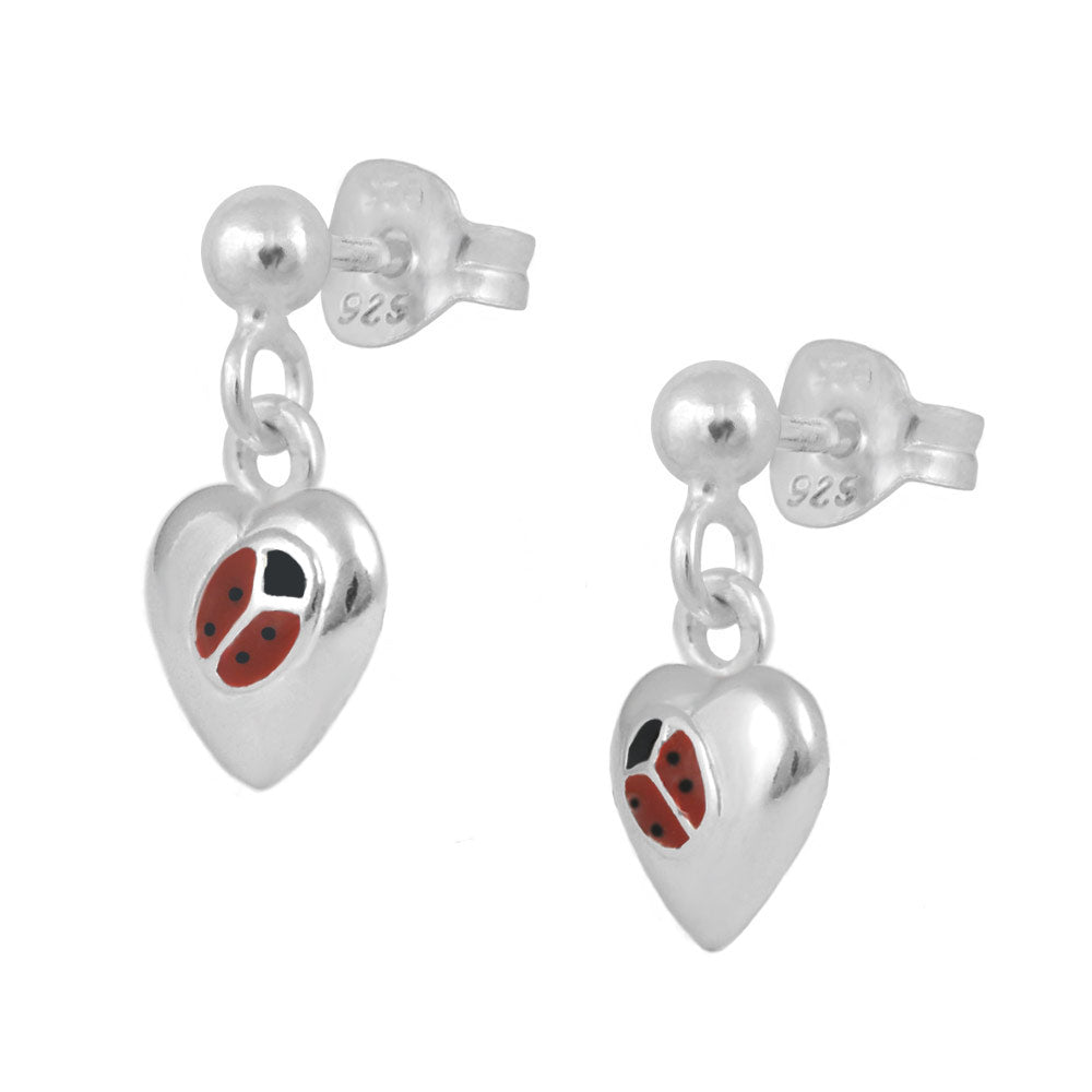 Sterling Silver Red Enamel Ladybug Heart Stud Or Dangling Earrings For Girls