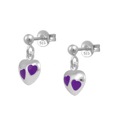 Girl's Sterling Silver Red, Purple Or Pink Enamel Dangling Heart Earrings