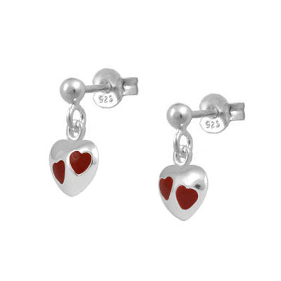 Girl's Sterling Silver Red, Purple Or Pink Enamel Dangling Heart Earrings