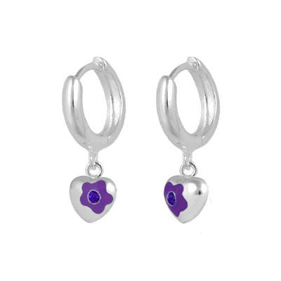 Sterling Silver Simulated Birthstone Flower Heart Hoop Girls Earrings