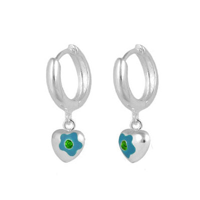 Sterling Silver Simulated Birthstone Flower Heart Hoop Girls Earrings