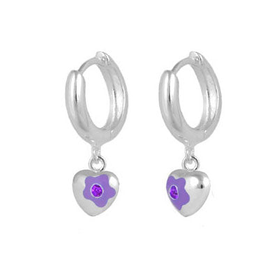 Sterling Silver Simulated Birthstone Flower Heart Hoop Girls Earrings