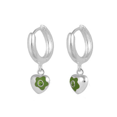 Sterling Silver Simulated Birthstone Flower Heart Hoop Girls Earrings