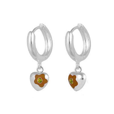 Sterling Silver Simulated Birthstone Flower Heart Hoop Girls Earrings