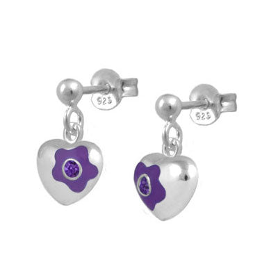 Sterling Silver Simulated Birthstone Flower Heart Dangling Girls Earrings